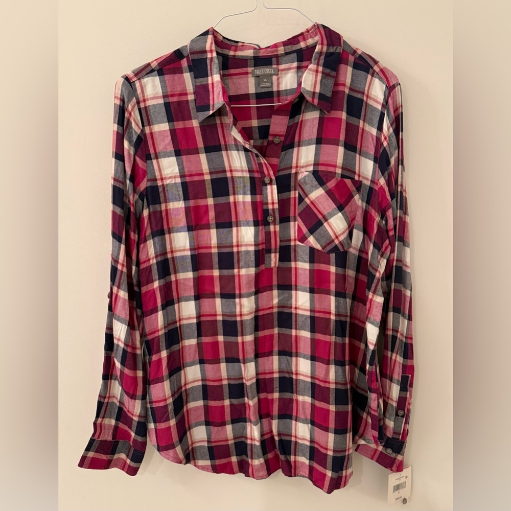 Falls Creek Women's Plaid Long Sleeve Top - Red, White, Blue